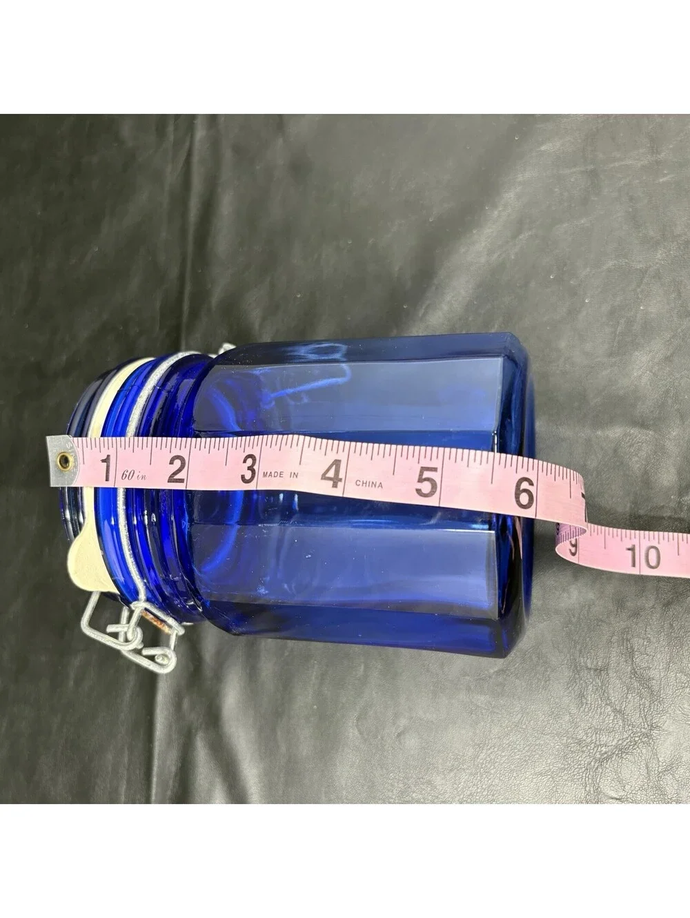 Cobalt Blue Jar Glass Storage Holder With Attached Wire Locking Lid 5 1/2” Tall